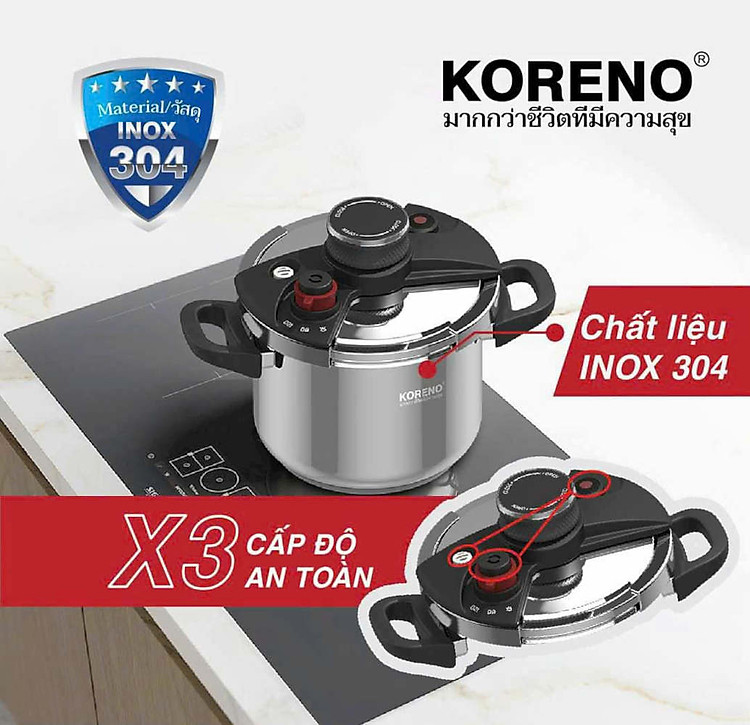 Nồi áp suất Inox 304 Koreno Thái Lan dung tích 5L đáy từ