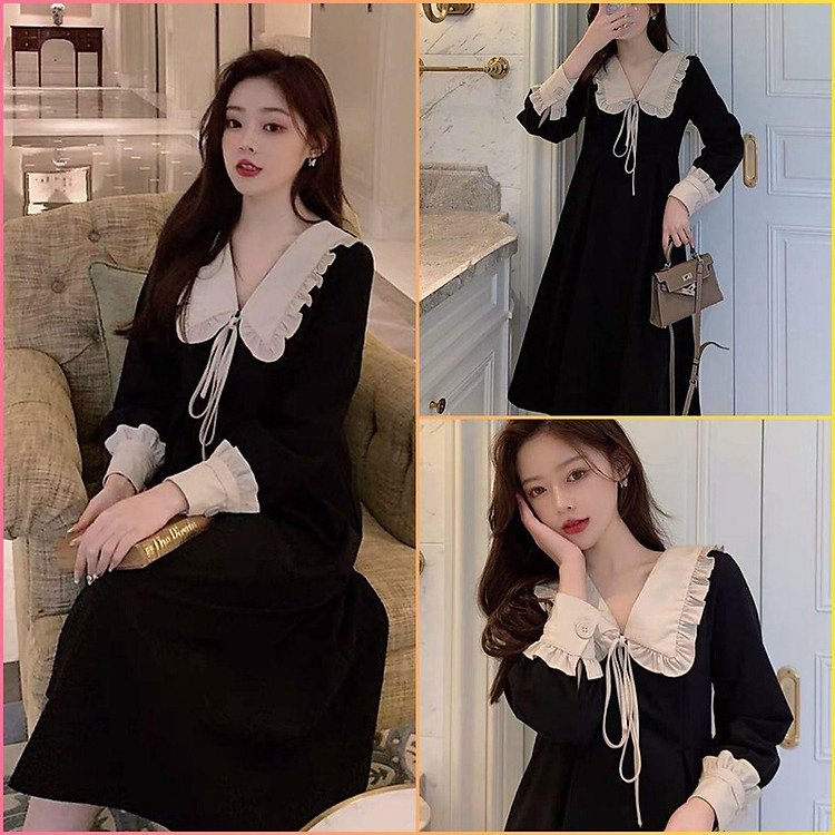 Đầm cổ bèo tay dài đính nơ