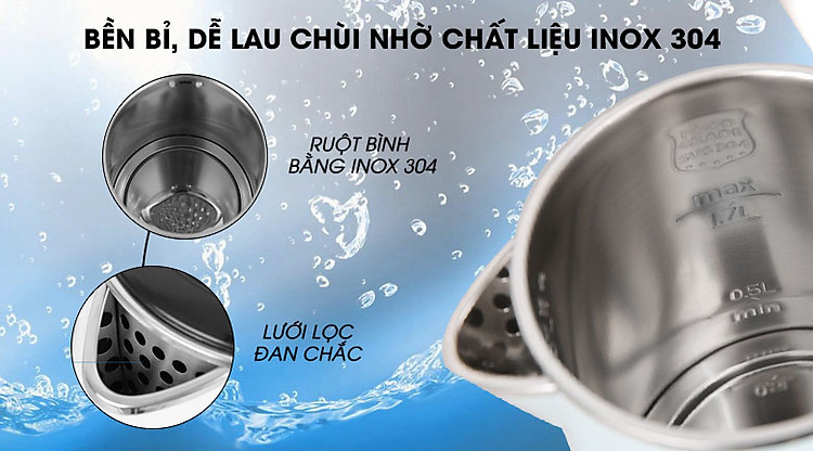 Chất liệu Inox 304 bền bỉ - Ấm đun siêu tốc Midea 1.7 lít MK-17DS