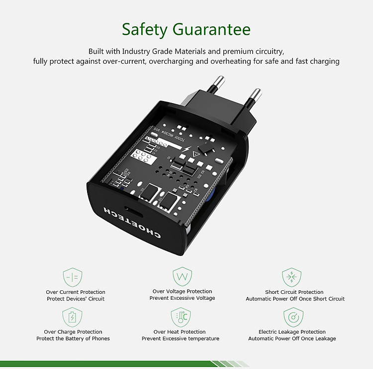 (Tặng dây sạc) Bộ cóc củ sạc nhanh 15W chuẩn PD 3.0 Type-C hiệu CHOETECH TC0001 cho điện thoại / máy tính bảng / Macbook iPhone Samsung Huawei Xiaomi Oppo Nokia Trang bị chip sạc thông minh (Đính kèm 1 dây sạc Type-C to Type-C) - Hàng chính hãng