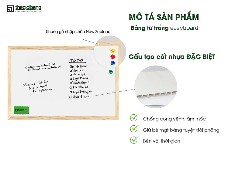 Mô tả sản phẩm bảng từ trắng khung gỗ easyboard