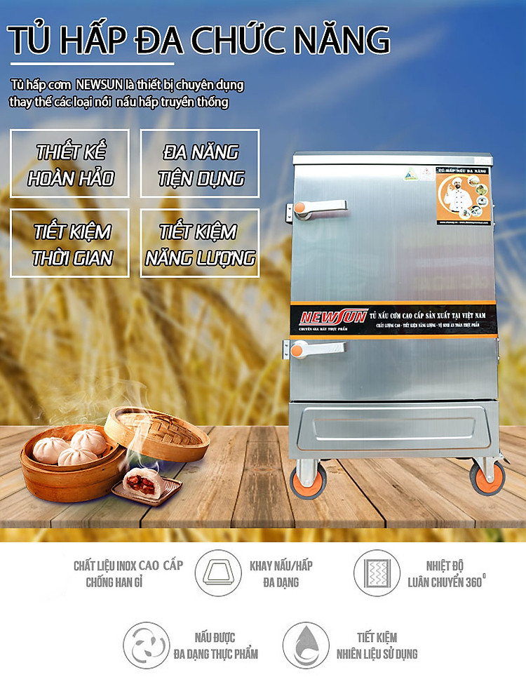 Tủ nấu cơm bằng điện 12 khay  NewSun (36 kg/mẻ) - Có tủ điều khiển (Ảnh 1)