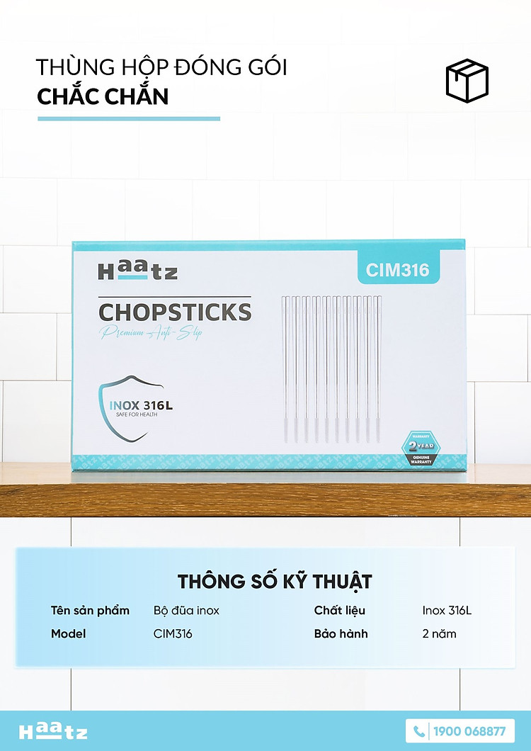 Bộ 10 đôi đũa inox 316L Haatz Hàn Quốc CIM316