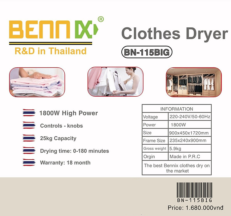 Tủ sấy quần áo Bennix Thái Lan BN-115BIG công suất 1800W