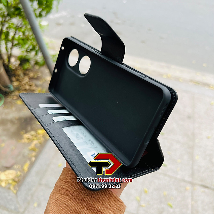 Bao da dạng ví cho OPPO Reno8 T 5G chính hãng Hanman có quai cài, có ngăn để thẻ ATM và tiền, may viền - Hàng chính hãng