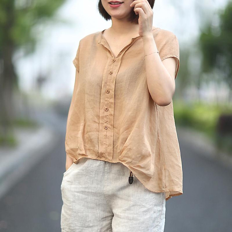 Áo sơ mi nữ tay lỡ xắn gấu vải linen Hàn cao cấp cổ đức 2 túi hộp LAHSTORE  ASL15 Trắng  Shopee Việt Nam