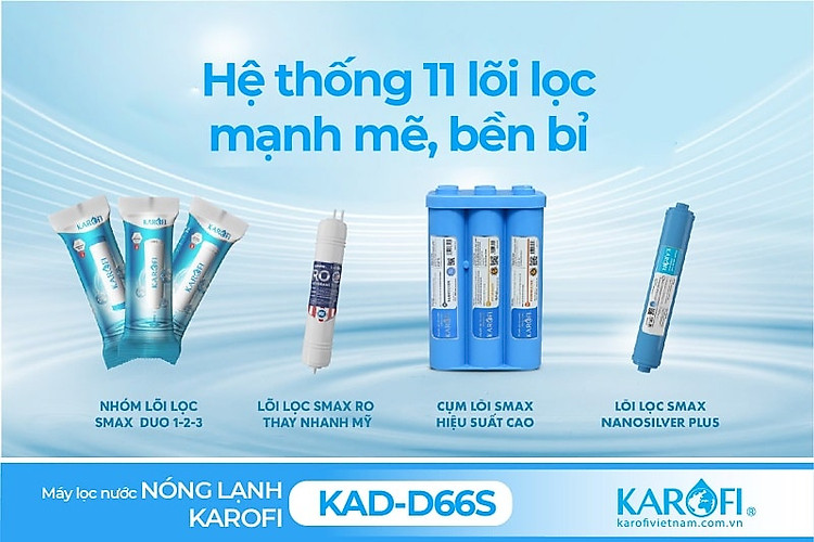 Máy lọc nước nóng lạnh Karofi KAD-D66S trang bị 11 lõi lọc