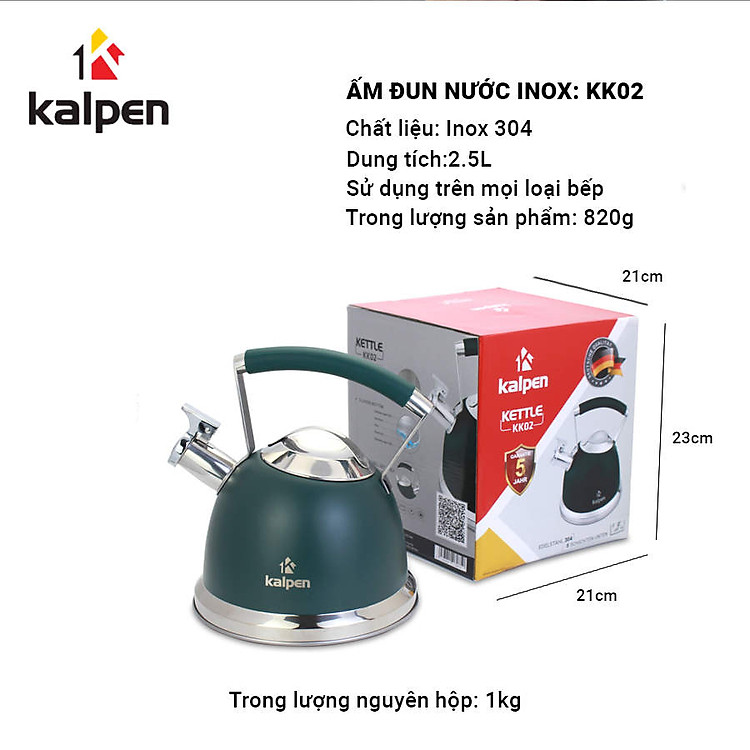 Ấm đun nước Inox 304 cao cấp Kalpen KK02 dung tích 2.5L dùng bếp từ, hàng Đức