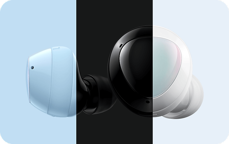 Enlarged pair of Galaxy Buds plus earbuds with a profile view of a blue earbud next to an outer surface view of a white earbud. The left third is overlayed in blue, the middle is overlayed in black and the right third is clear. Four line drawings on the bottom indicating tap commands. Tap to play or pause. Double tap to play next song or recieve and end calls. Triple tap to play previous song. Touch and hold to perform user-set function.