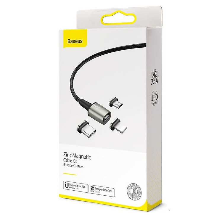 Bộ dây cáp sạc nhanh 3A và 3 đầu sạc từ tính Lightning / Type-C / Micro USB hiệu Baseus Zinc Magnetic Series 2 Cable Kit