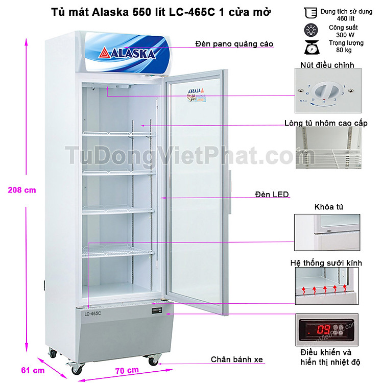 Kích thước tủ mát Alaska 550 lít LC-465C 1 cửa mở