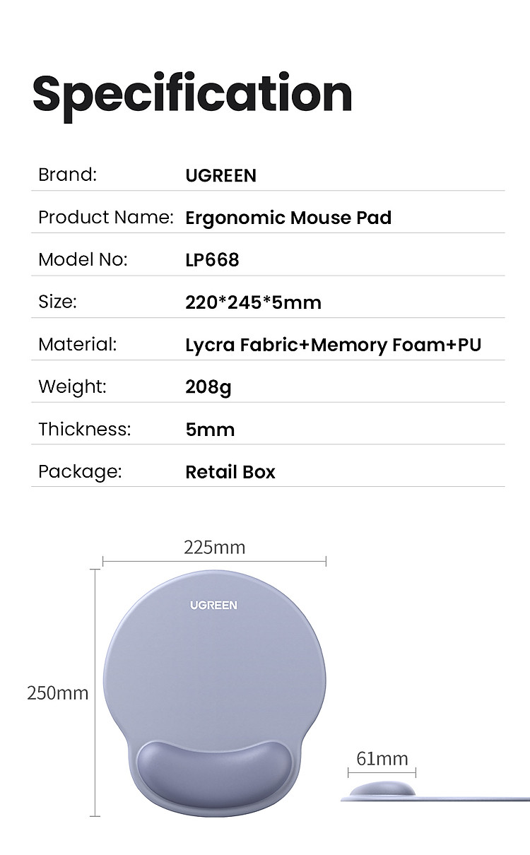 Tấm lót chuột chất liệu cao su (không xốp) màu xám Ugreen 25244