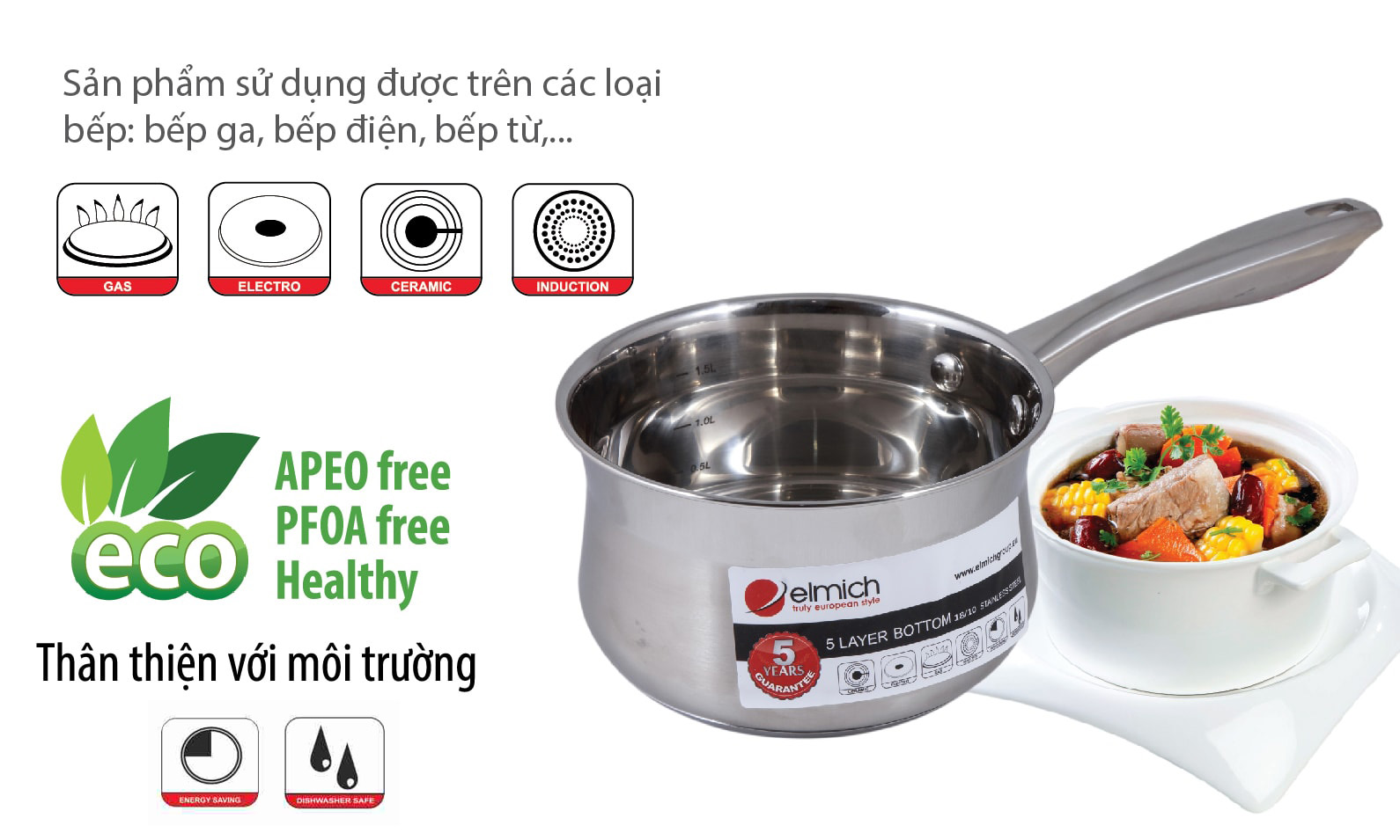 Bộ 2 Nồi Và 1 Quánh Elmich Inox 304 Ibiza EL0124
