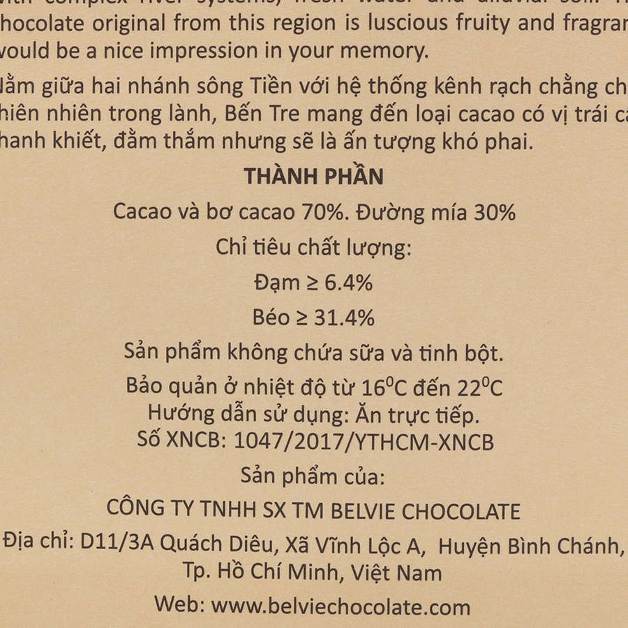Socola Đen Belvie Bến Tre 70% Cacao Belvie-BT80 (80g)