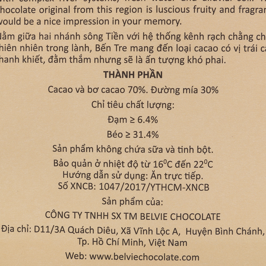 Bộ 2 Thanh Socola Đen Belvie - Bến Tre (70% Cacao) (80g/Thanh)