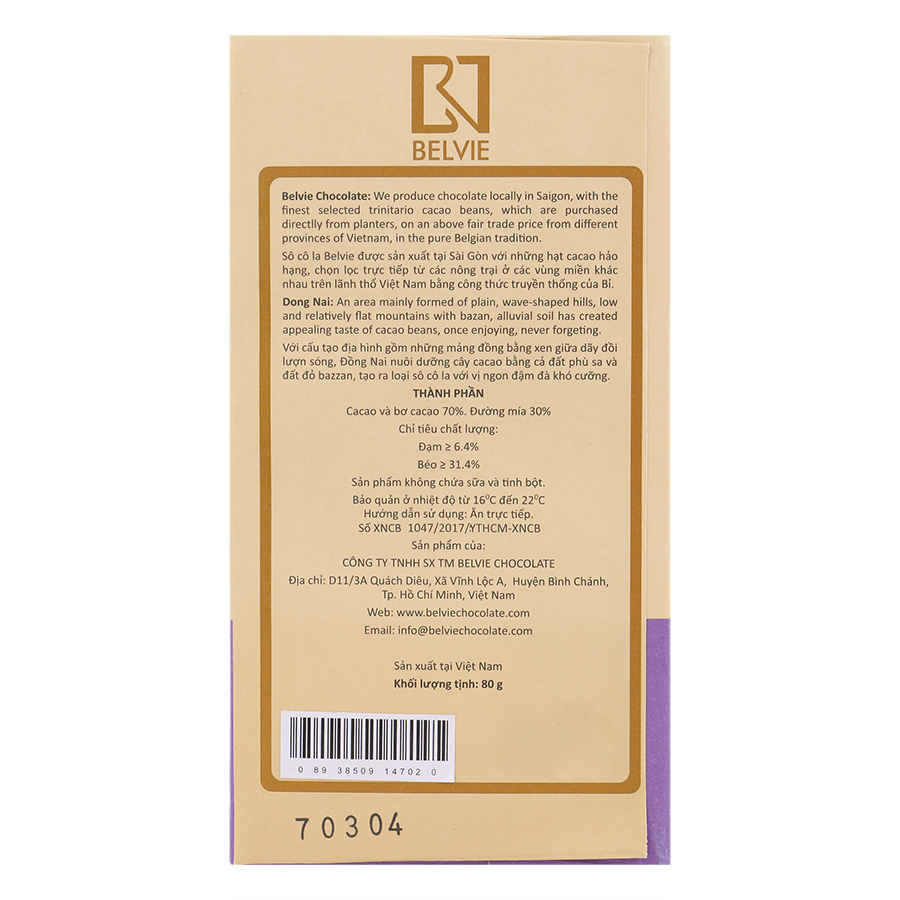 Socola Đen Belvie Đồng Nai 70% Cacao Belvie-DN80