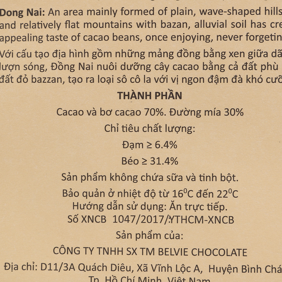 Socola Đen Belvie Đồng Nai 70% Cacao Belvie-DN80 (80g)