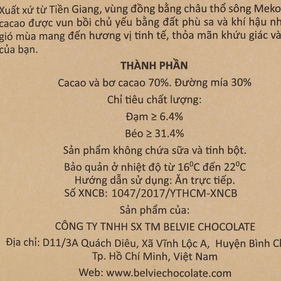 Socola Đen Belvie Tiền Giang 70% Cacao Belvie-TG80 (80g)