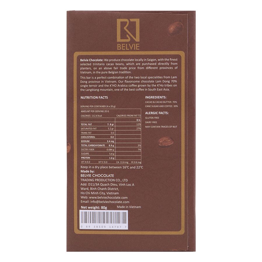 Socola Café Belvie Good Morning 70% Cacao Belvie-GMV80 (80g)