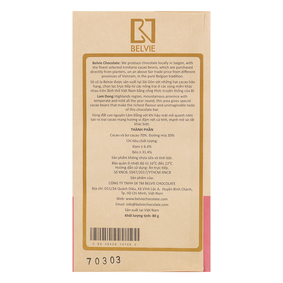 Socola Đen Belvie Lâm Đồng 70% Cacao Belvie-LD80