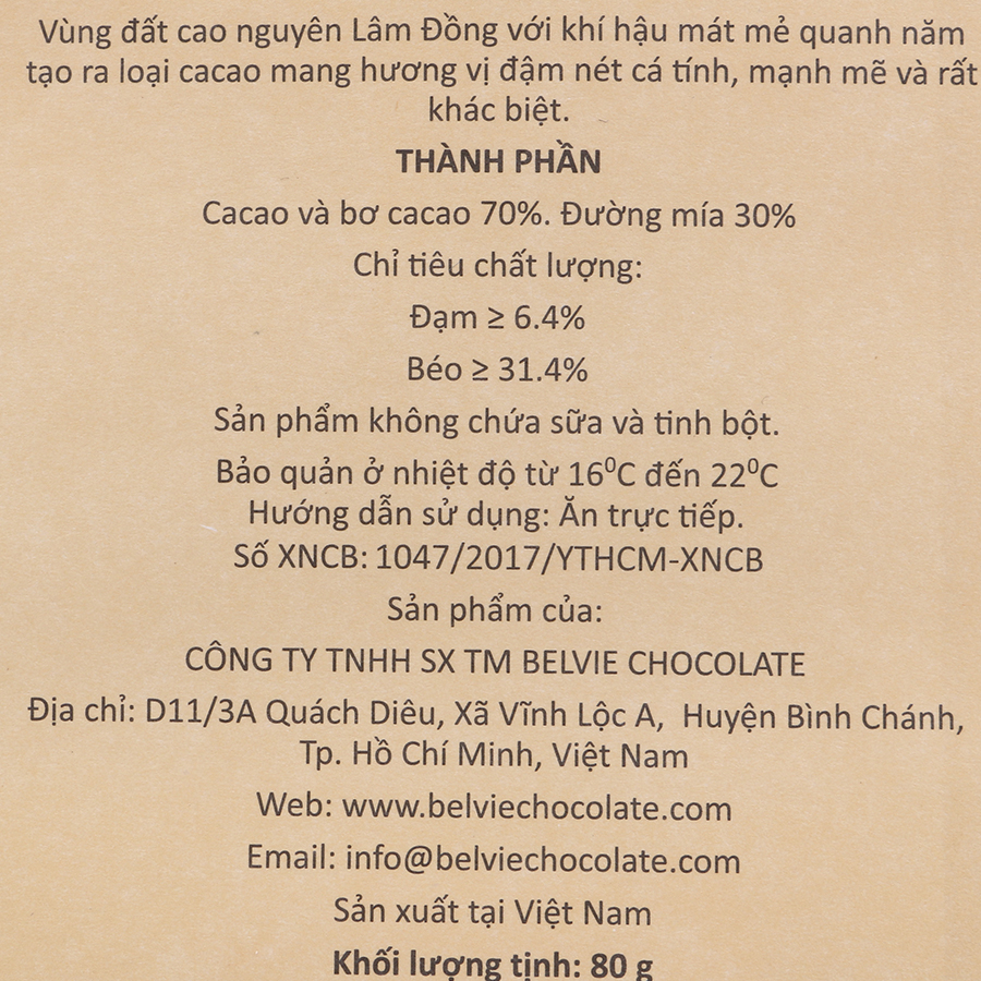 Socola Đen Belvie Lâm Đồng 70% Cacao Belvie-LD80 (80g)