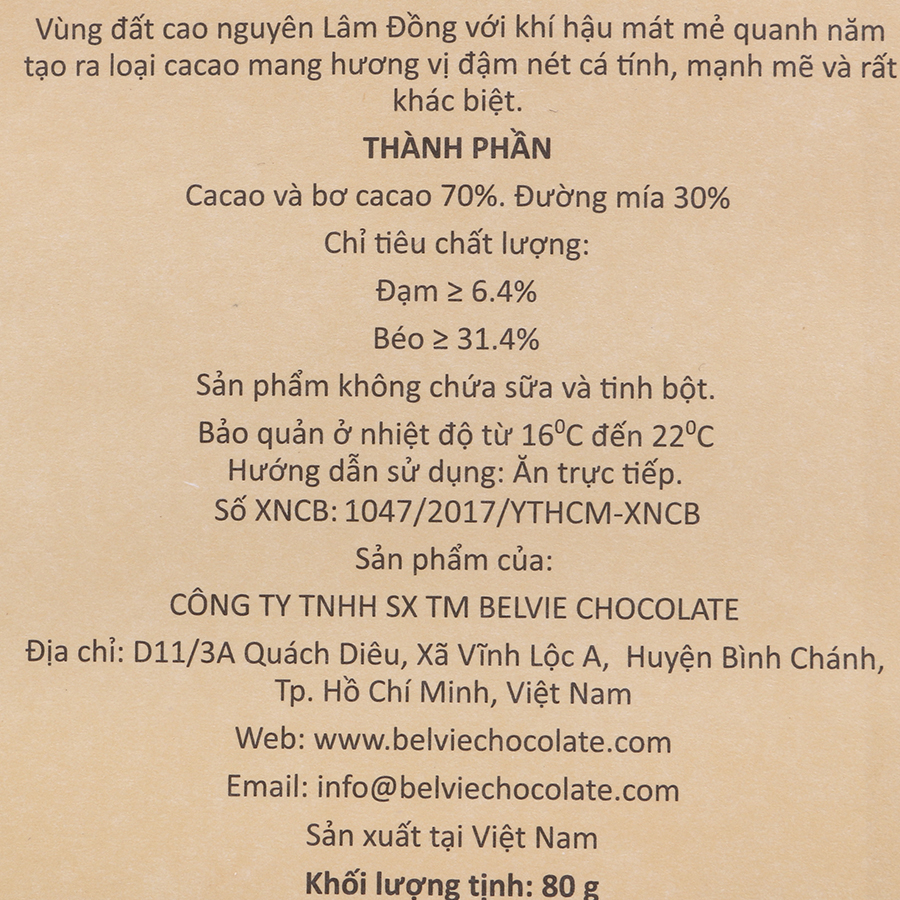 Bộ 2 Thanh Socola Đen Belvie - Lâm Đồng (70% Cacao) (80g/Thanh)