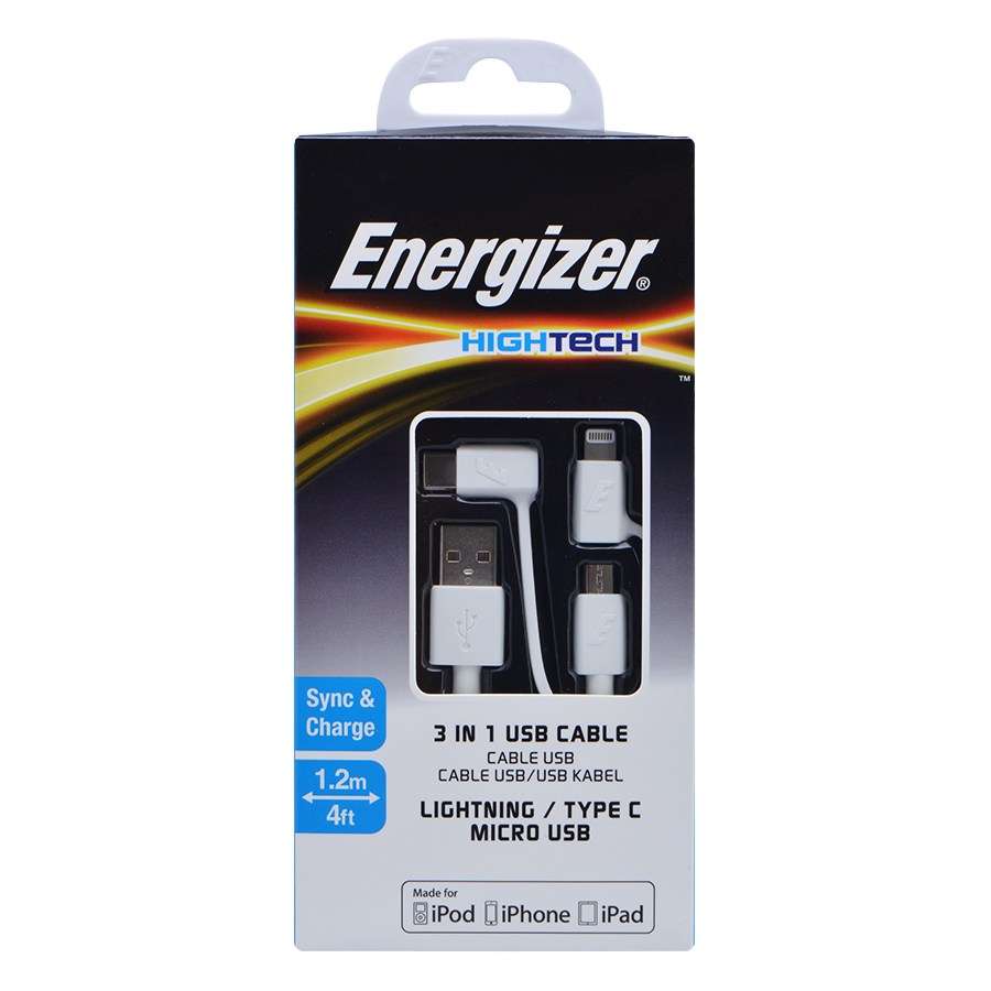 Cáp Sạc 3 Trong 1 Lightning - Micro USB - Type C Energizer C11UBX3CFWH4 (1m) - Trắng - Hàng Chính Hãng