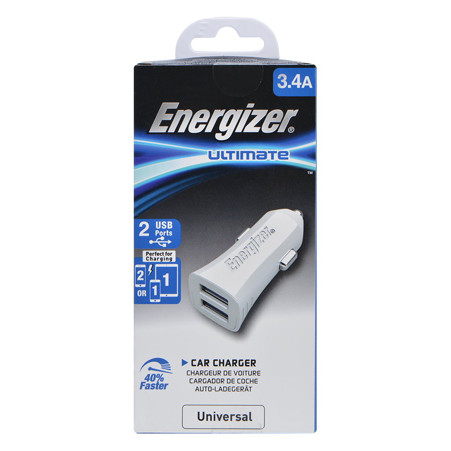 Adapter Sạc Ô Tô 2 Cổng USB Energizer UL 3.4A - Trắng - Hàng Chính Hãng