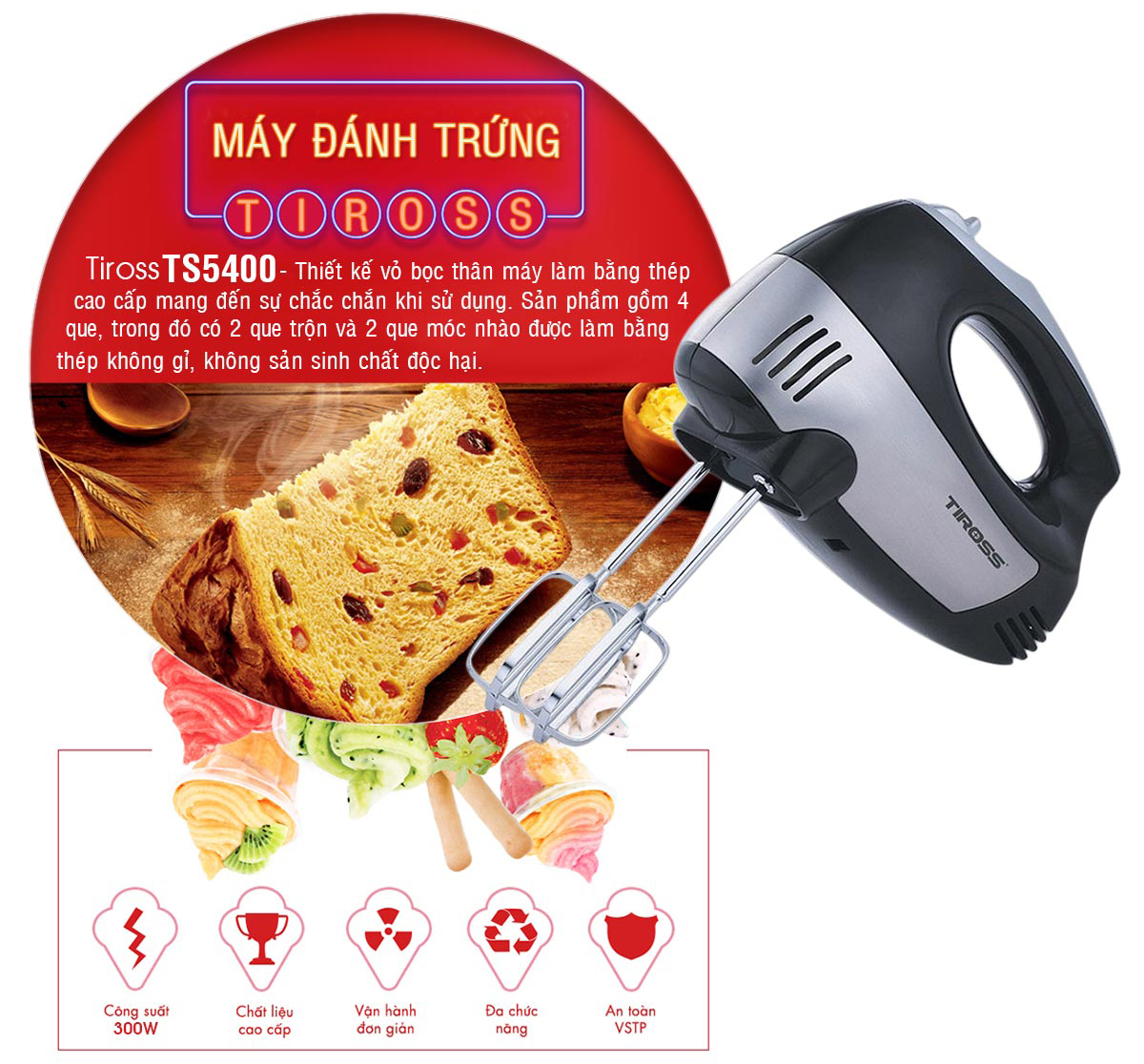 Máy đánh trứng Tiross TS5400 - Đen - Hàng chính hãng