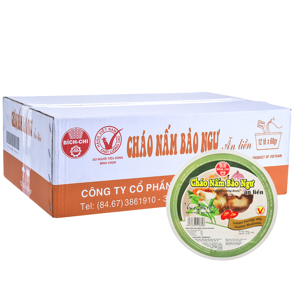 Thùng 12 Tô Cháo Nấm Bào Ngư Bích Chi 60g