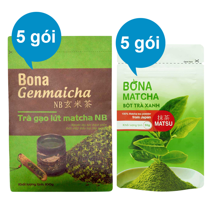 Bộ 5 Bột Trà Xanh Nhật Bản Bona Matcha - MATSU + 5 Trà Xanh Gạo Lứt Matcha Nhật Bản Bona Genmaicha