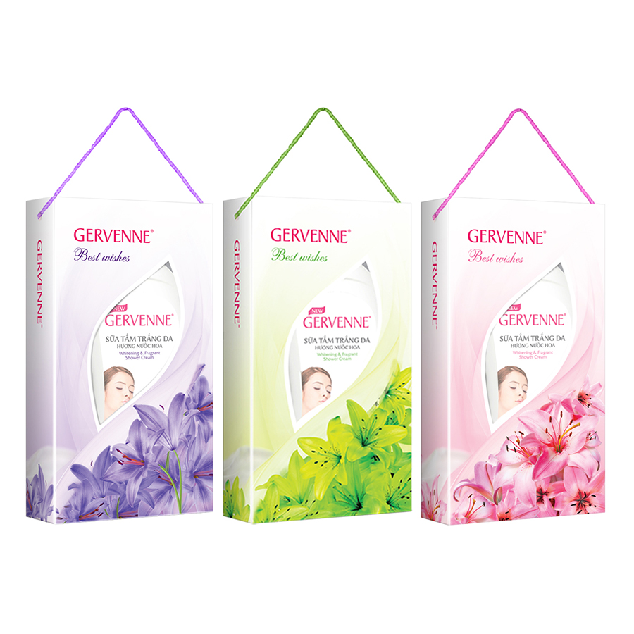 Combo Gervenne 4: Hộp Quà Sữa Tắm Trắng Da Hương Hoa Lily Xanh (450g) + Hộp Quà Sữa Tắm Trắng Da Hương Hoa Lily Hồng (450g) + Hộp Quà Sữa Tắm Trắng Da Hương Hoa Lily Tím (450g)