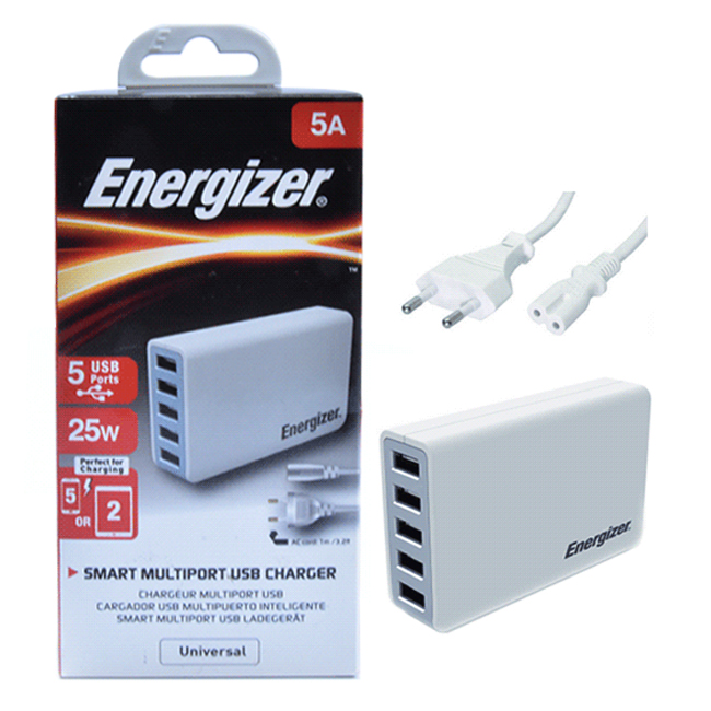 Apdapter Sạc Energizer 5 Cổng 25W EU USA5CEUCWH5 - Hàng chính hãng