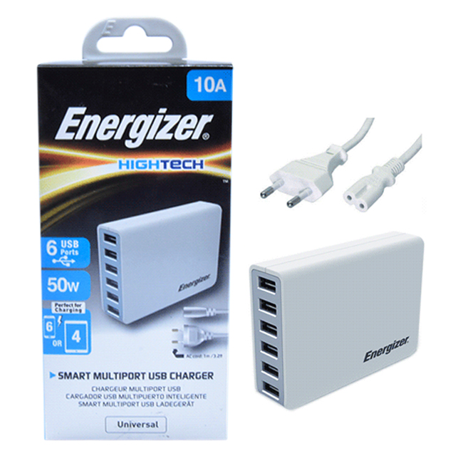 Apdapter Sạc Energizer 6 Cổng 50W EU USA6EEUHWH5 - Hàng chính hãng