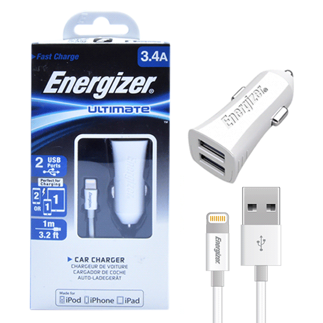 Bộ Sạc Xe Hơi Energizer Lightning 2 Cổng 3.4A DCA2CULI3 - Hàng Chính Hãng