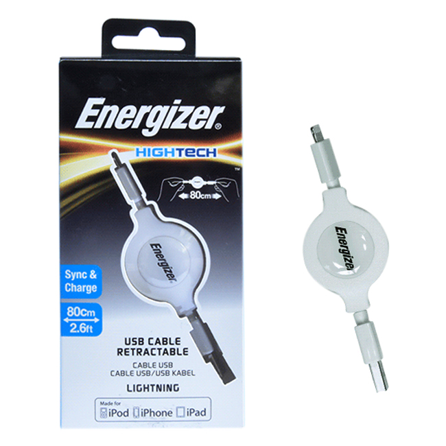 Cáp Sạc Energizer Lightning Dây Rút 80cm - Màu Trắng C31UBLIREWH4 - Hàng chính hãng