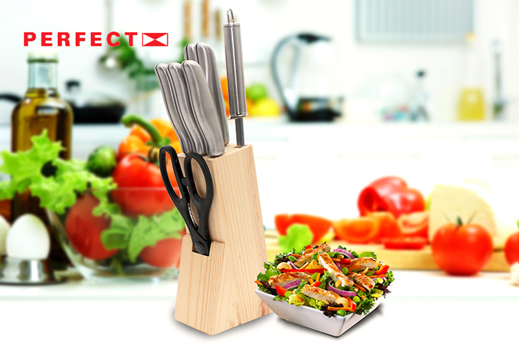 Bộ Dao Thép 8 Món Kèm Đế Gỗ Perfect PF-K08 - Bạc