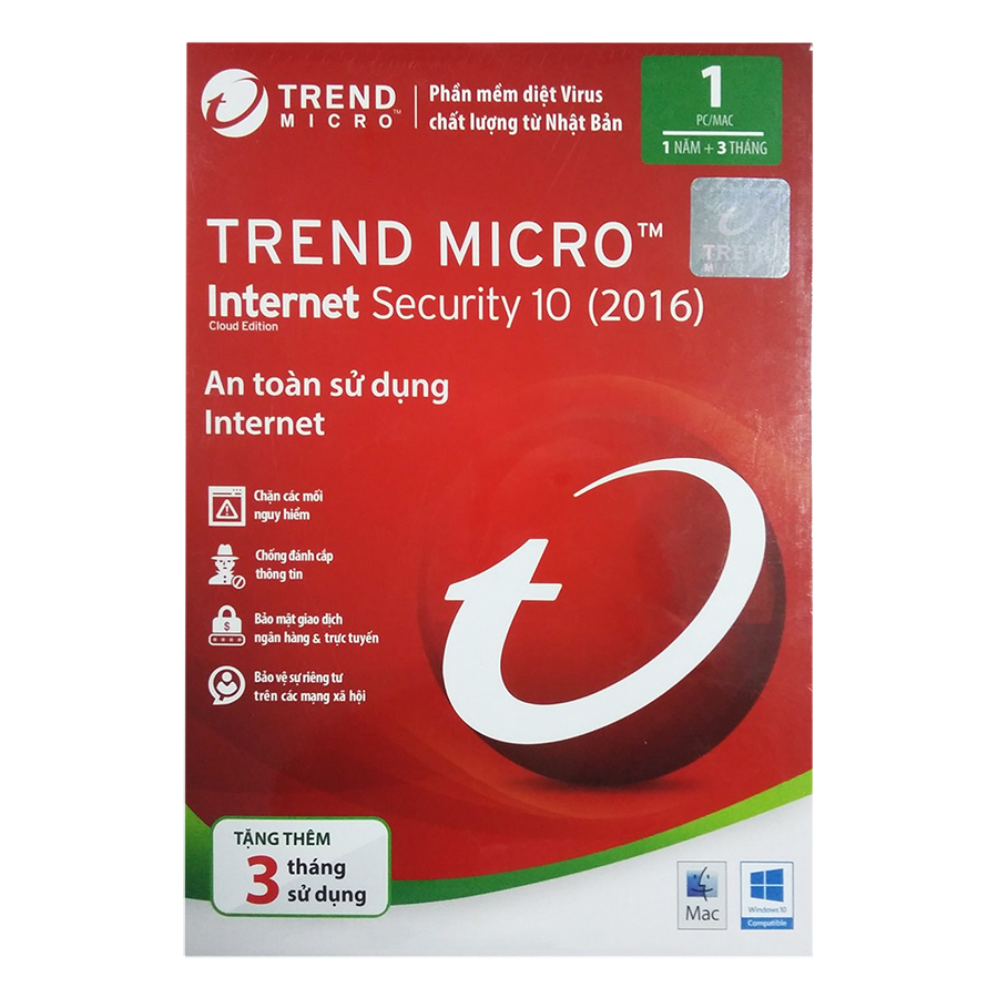 Phần Mềm Diệt Virus Trend Micro Internet Security 10 Win/Mac - Tặng Thêm 3 Tháng (1 năm + 3 tháng)