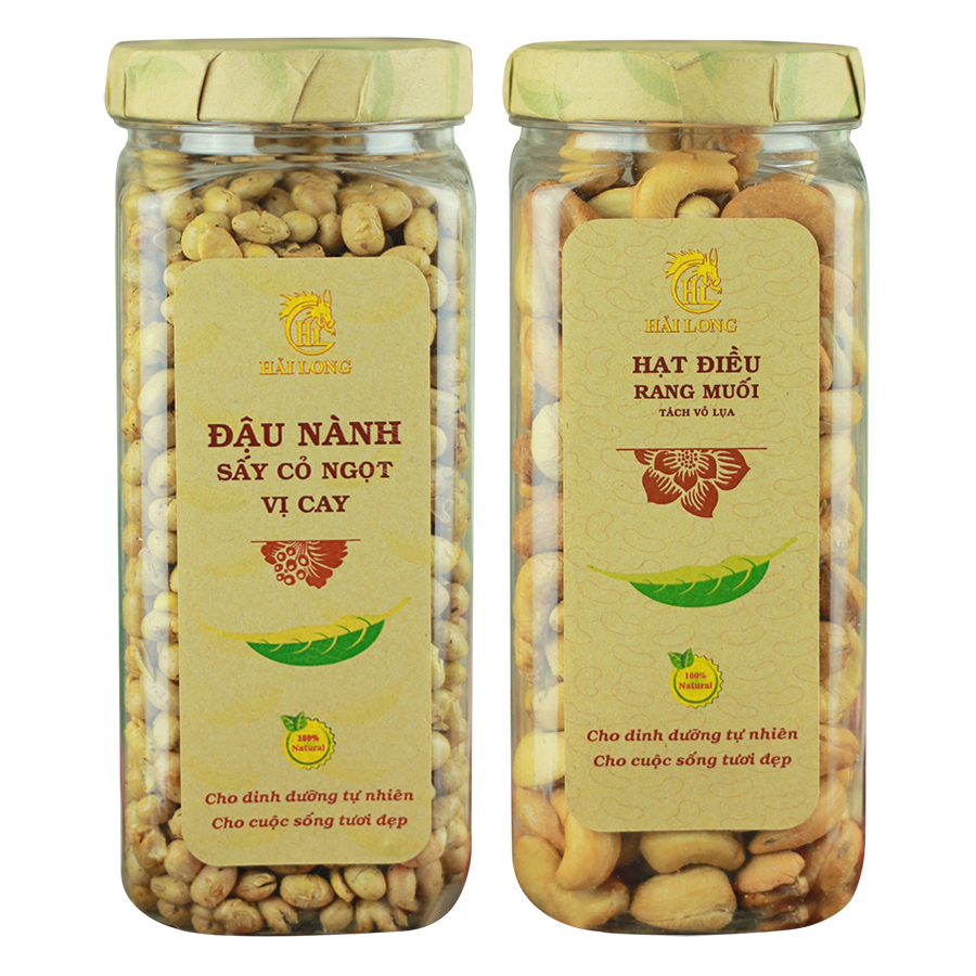 Combo Đậu Nành Sấy Cỏ Ngọt Vị Cay Hải Long (230g) + Hạt Điều Rang Muối Tách Vỏ Lụa Hải Long (250g)