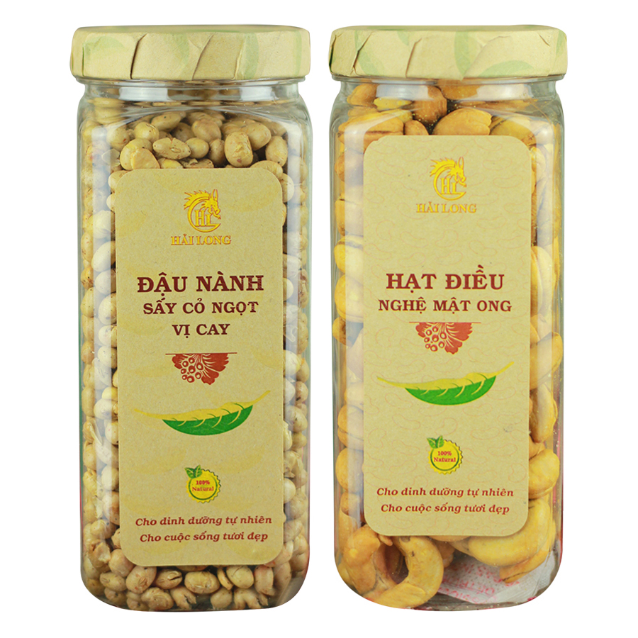 Combo Đậu Nành Sấy Cỏ Ngọt Vị Cay Hải Long (230g) + Hạt Điều Nghệ Mật Ong Hải Long (250g)