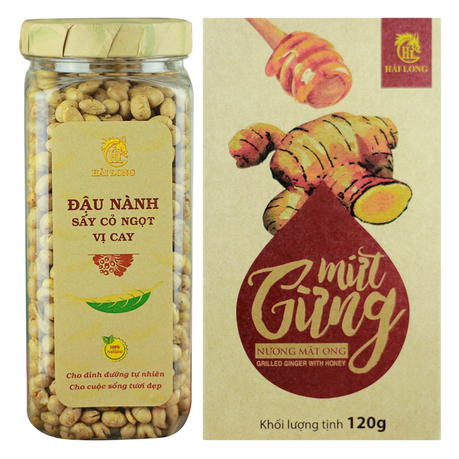 Combo Đậu Nành Sấy Cỏ Ngọt Vị Cay Hải Long (230g) + Mứt Gừng Nướng Mật Ong Hải Long (120g)