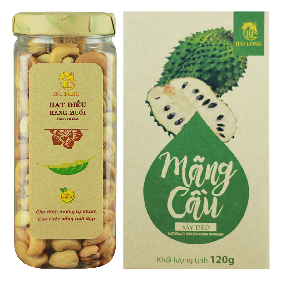 Combo Hạt Điều Rang Muối Tách Vỏ Lụa Hải Long (250g) + Mãng Cầu Sấy Dẻo Hải Long (120g)