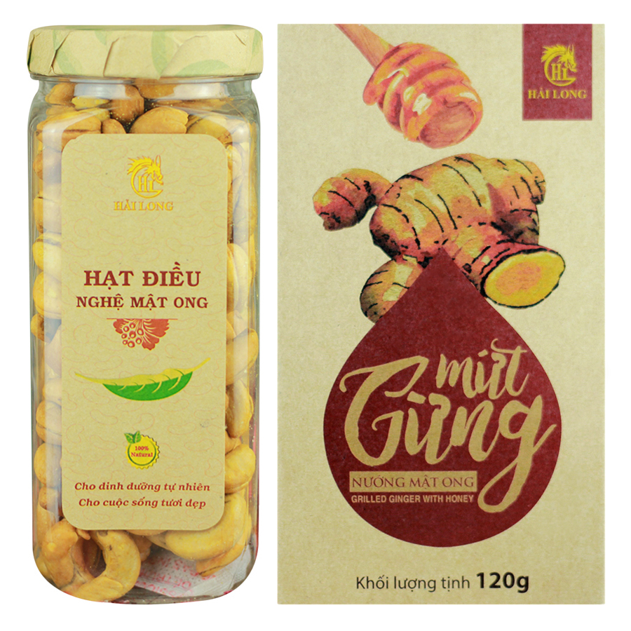 Combo Hạt Điều Nghệ Mật Ong Hải Long (250g) + Mứt Gừng Nướng Mật Ong Hải Long (120g)