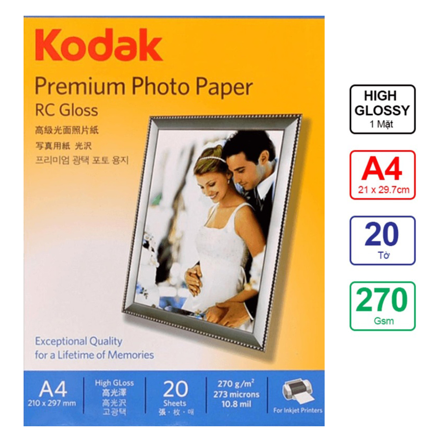 Giấy In Ảnh Cao Cấp Kodak RC 1 Mặt Siêu Bóng (High Glossy) A4 (21 x 29.7cm) 270gsm 20 Tờ - Hàng chính hãng