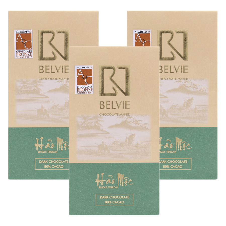 Bộ 3 Thanh Socola Đen Belvie - Hảo Mộc (80% Cacao) (80g/Thanh)