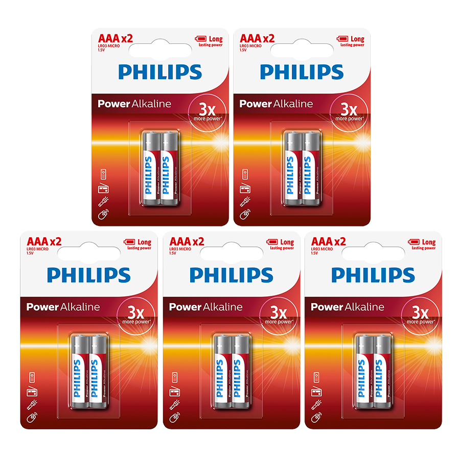 Bộ 5 vỉ pin kiềm AAA Philips LR03P2B