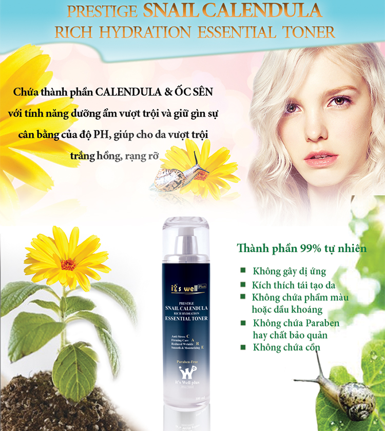 Nước Hoa Hồng Giàu Độ Ẩm, Ngăn Ngừa Lão Hóa Da Từ Ốc Sên Calendula It's Well Plus Snail Calendula Prestige Rich Hydration Essential Toner CPST (100ml)