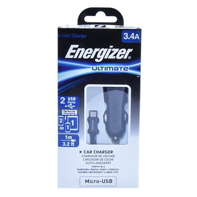 Bộ Sạc Xe Hơi Energizer Micro USB 2 Cổng 3.4A DCA2CUMC3 - Hàng Chính Hãng