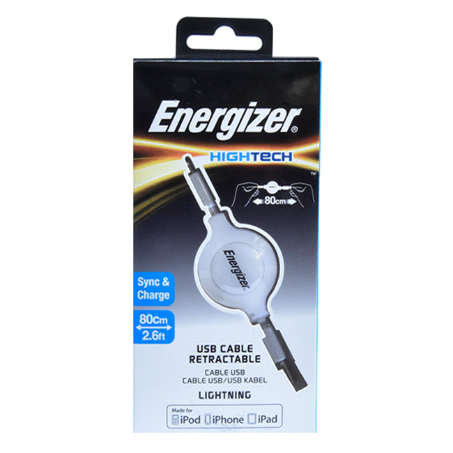 Cáp Sạc Energizer Lightning Dây Rút 80cm - Màu Trắng C31UBLIREWH4 - Hàng chính hãng