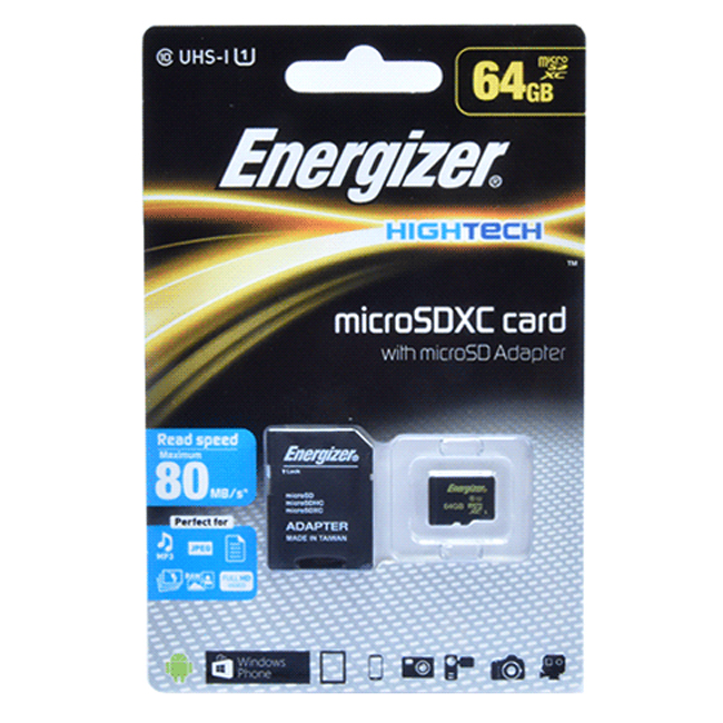 Thẻ Nhớ Energizer 64GB Micro SDXC Class 10 Up To 80mb/s (Kèm Adapter) FMDAAH064A - Hàng Chính Hãng